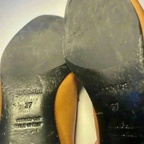 HERMES Paris Loafer 37 7 H Logo Silver Buckle Mules Natural Tan Black Sole - Picture 8 of 12